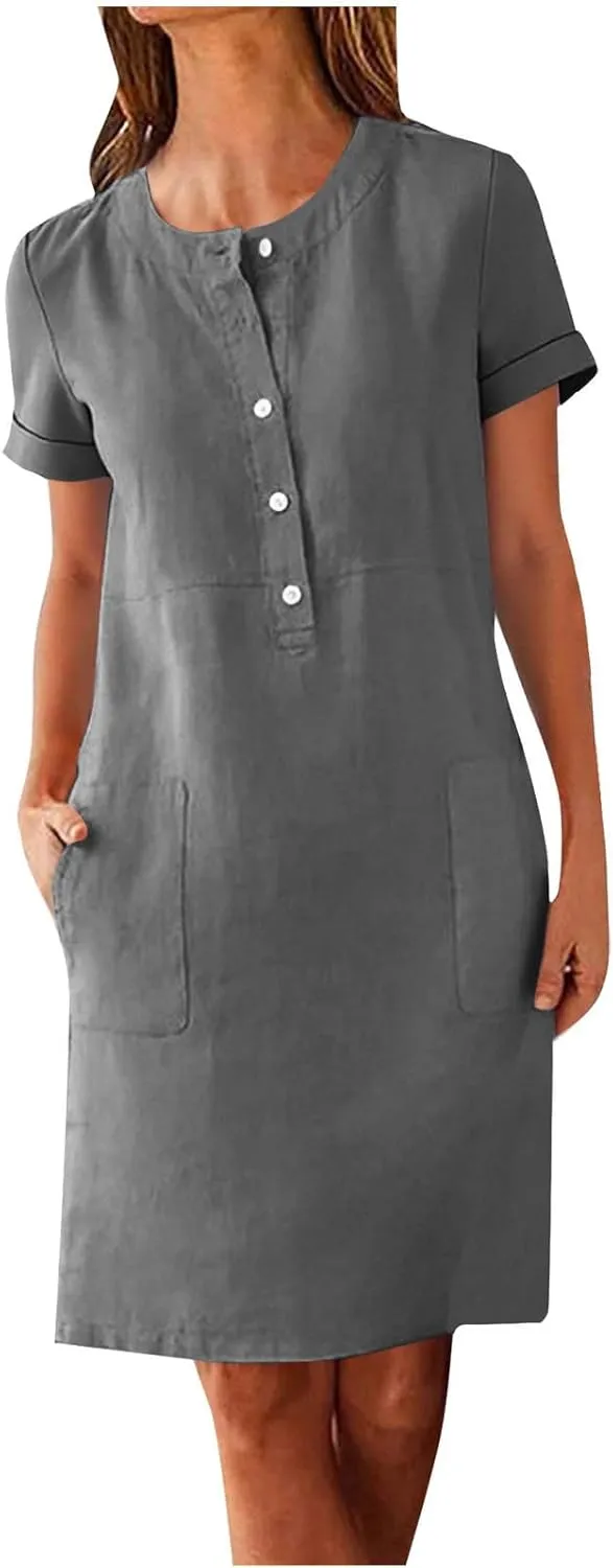 Linen Dresses for Women Sleevelees/Short Sleeve Button Up Beach Dress Summer Casual Vacation Clothes