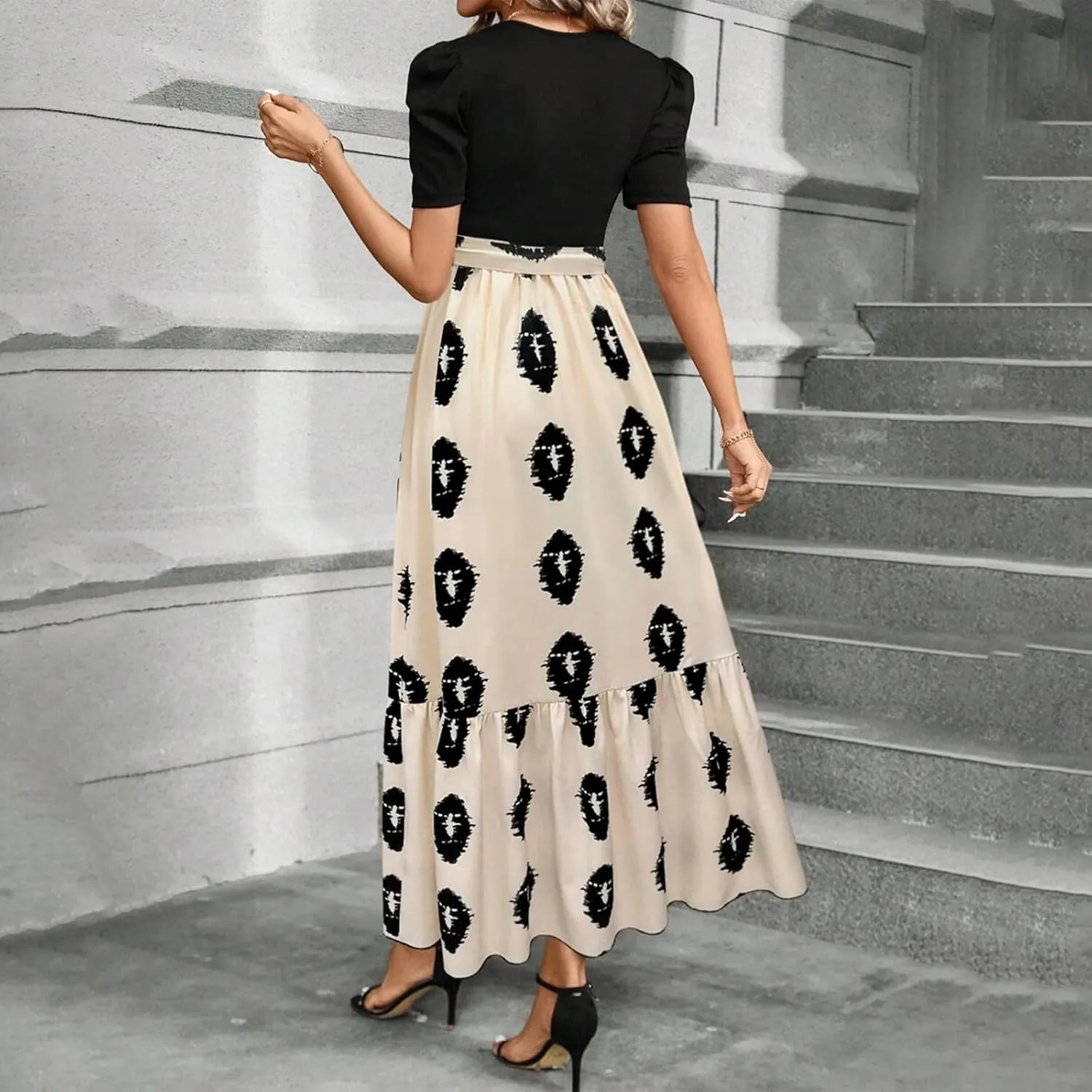 Long Floral Dresses for Women 2025 Elegant Boho Tie Belted Patchwork Empire Waist Short Sleeve Modest Flowy Maxi Dress
