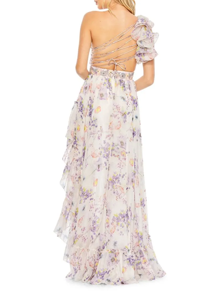 Mac Duggal Asymmetrical High Low One Shoulder Dress in White Multi