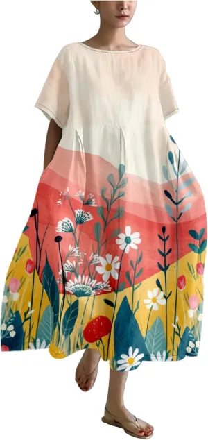 MARSVOVO Japanese Art Dress for Women 2024 Plus Size Vintage Floral Boho Style Loose Fit Linen Blend Flower Dresses