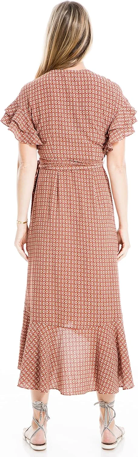 Max Studio Women's Ruffle Crepe High/Low Wrap Midi Dress