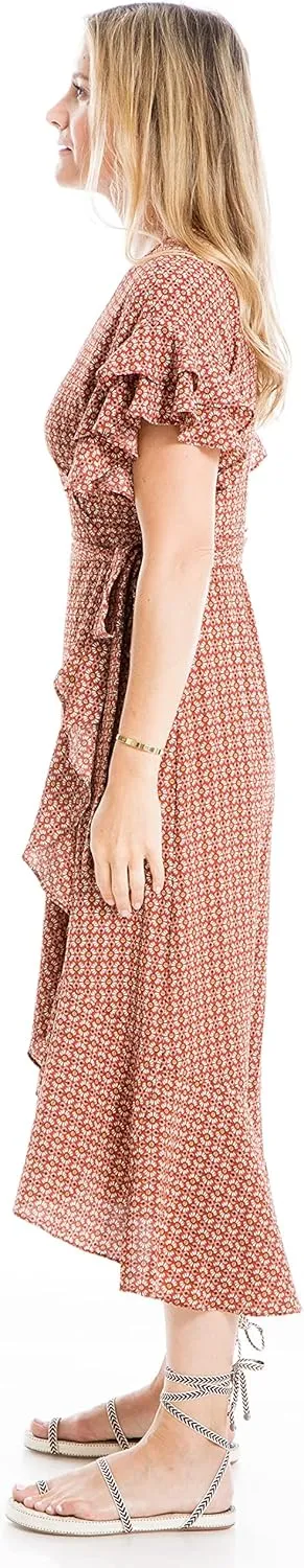 Max Studio Women's Ruffle Crepe High/Low Wrap Midi Dress