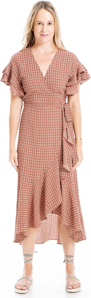 Max Studio Women's Ruffle Crepe High/Low Wrap Midi Dress
