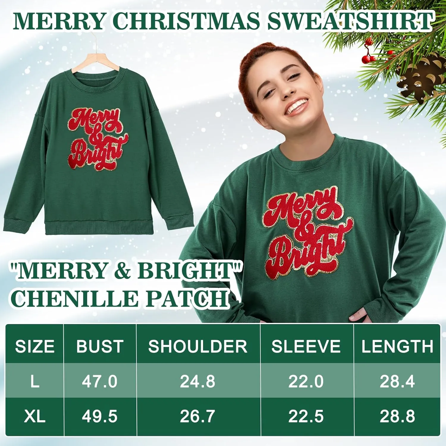 Merry Christmas Sweatshirt Women Glitter Chenille Letter Merry And Bright Hunter Green Top Fall Winter Pullover for Gifts