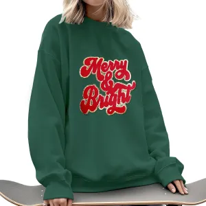 Merry Christmas Sweatshirt Women Glitter Chenille Letter Merry And Bright Hunter Green Top Fall Winter Pullover for Gifts