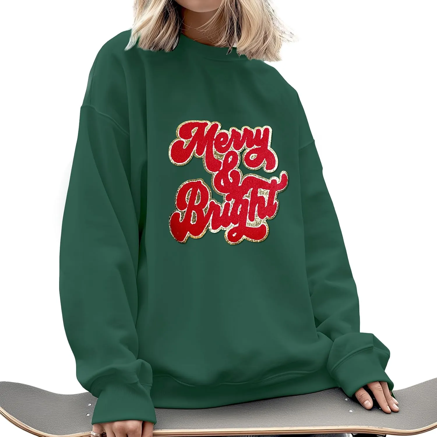 Merry Christmas Sweatshirt Women Glitter Chenille Letter Merry And Bright Hunter Green Top Fall Winter Pullover for Gifts
