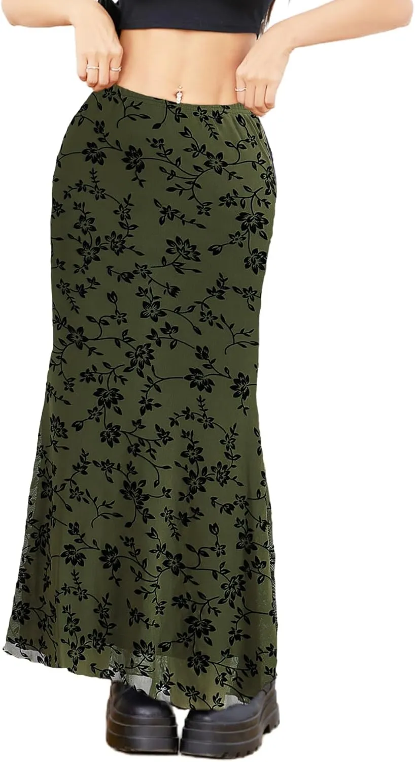 Milumia Women's Floral Print Mesh Long Skirt Low Waisted Y2k Flare Hem Fishtail Skirts