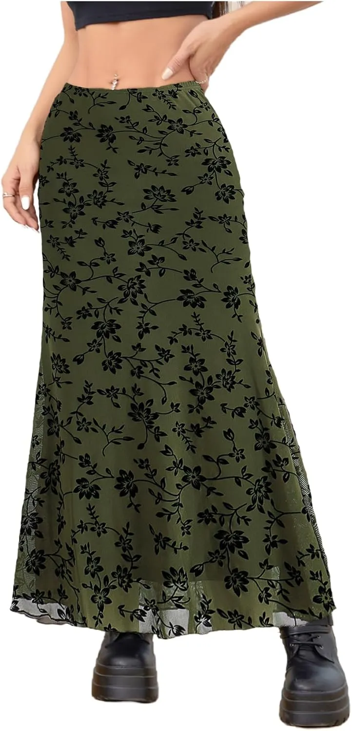 Milumia Women's Floral Print Mesh Long Skirt Low Waisted Y2k Flare Hem Fishtail Skirts