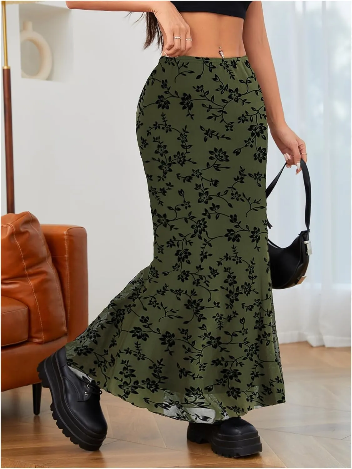 Milumia Women's Floral Print Mesh Long Skirt Low Waisted Y2k Flare Hem Fishtail Skirts