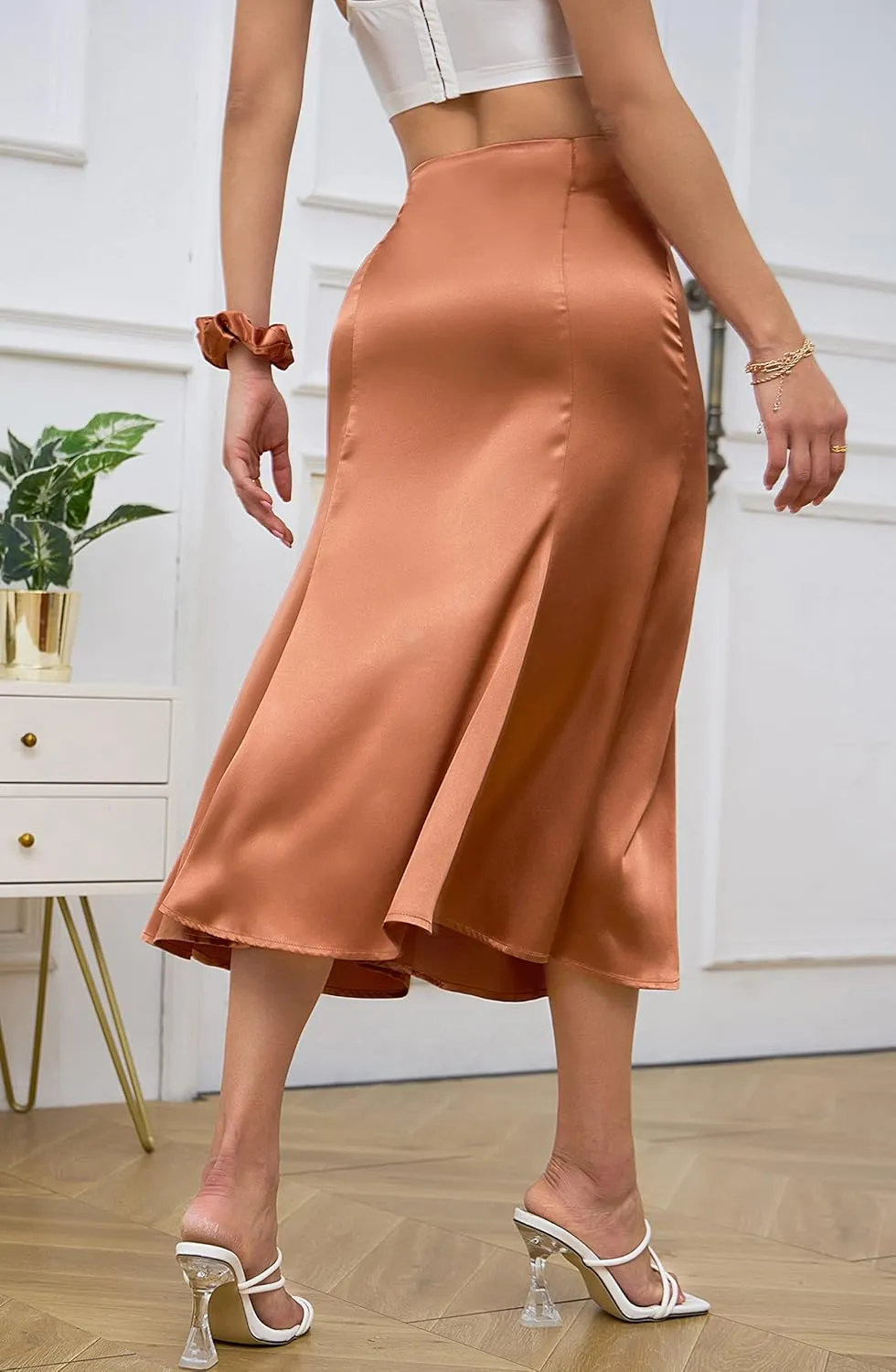 Mist Azur Womens Satin Midi Skirt High Waisted A Line Silky Flared Bodycon Skirt MA213