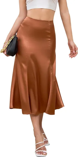 Mist Azur Womens Satin Midi Skirt High Waisted A Line Silky Flared Bodycon Skirt MA213