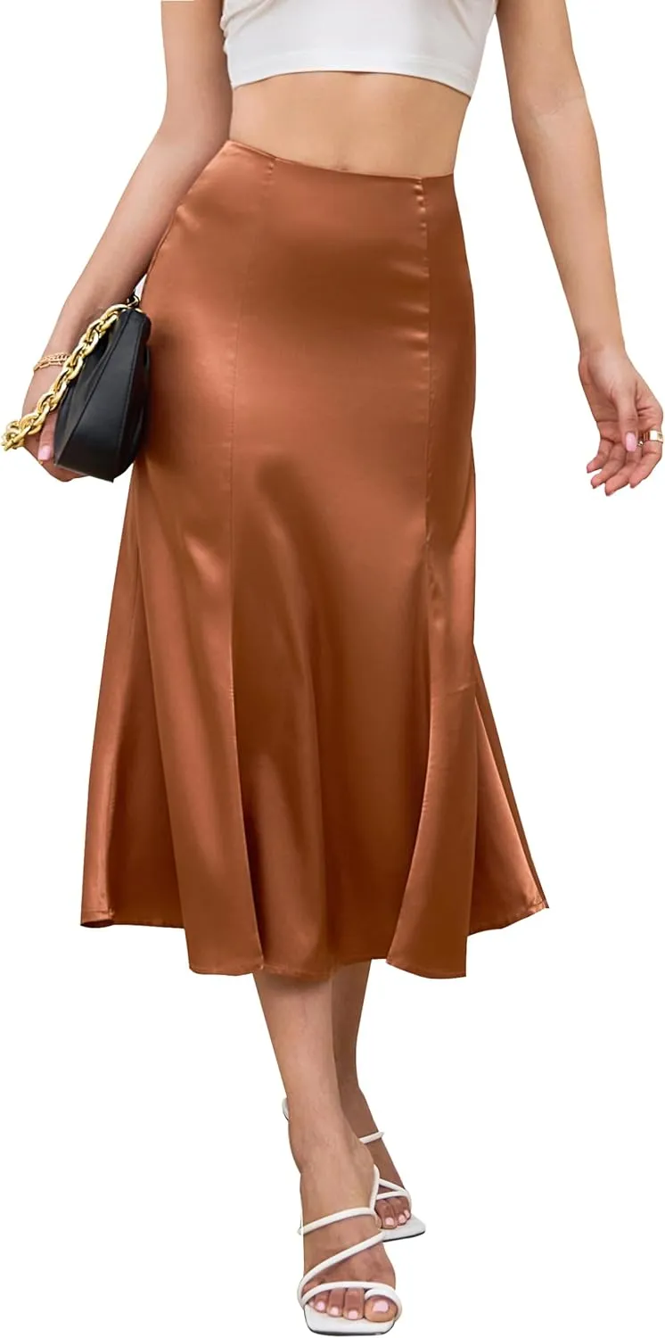 Mist Azur Womens Satin Midi Skirt High Waisted A Line Silky Flared Bodycon Skirt MA213