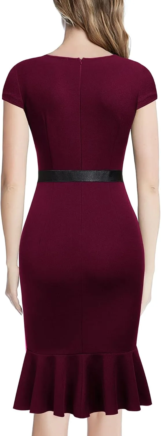 Miusol Women's Retro Square Neck Business Ruffle Hem Cocktail Dress