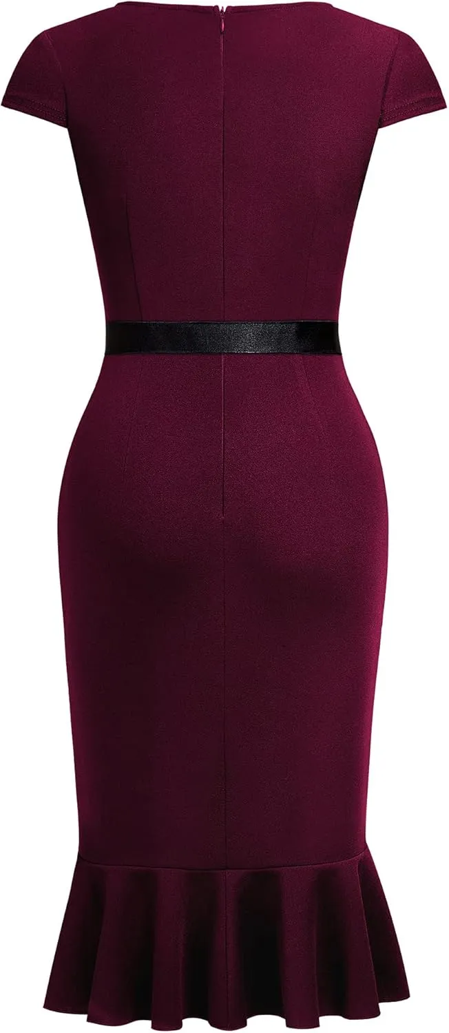Miusol Women's Retro Square Neck Business Ruffle Hem Cocktail Dress