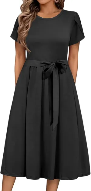 NBXNZWF Women 2025 Summer Dress Short Sleeve Crewneck Belt Midi Dress Floral Print Elegant A Line T-Shirt Dress with Pockets