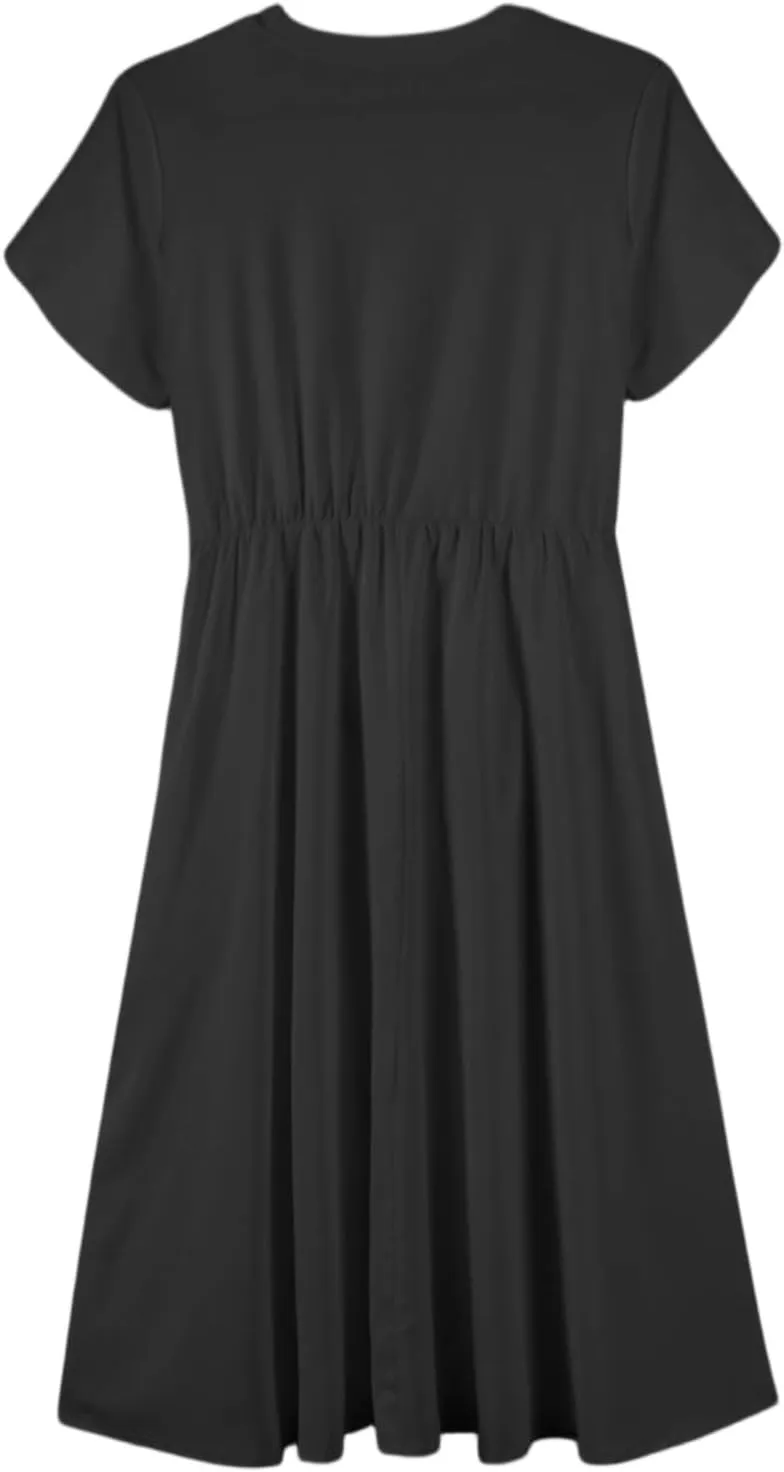 NBXNZWF Women 2025 Summer Dress Short Sleeve Crewneck Belt Midi Dress Floral Print Elegant A Line T-Shirt Dress with Pockets