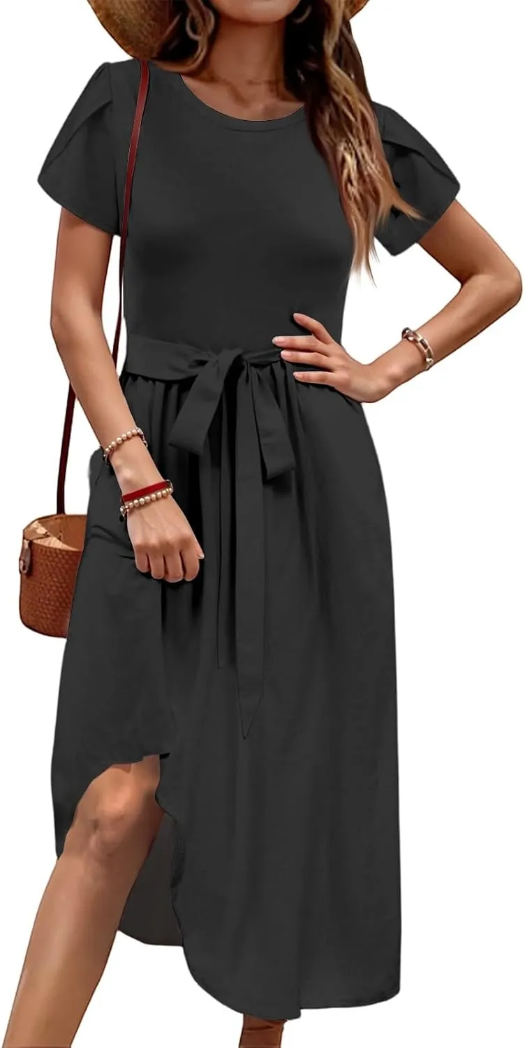 NBXNZWF Women 2025 Summer Dress Short Sleeve Crewneck Belt Midi Dress Floral Print Elegant A Line T-Shirt Dress with Pockets