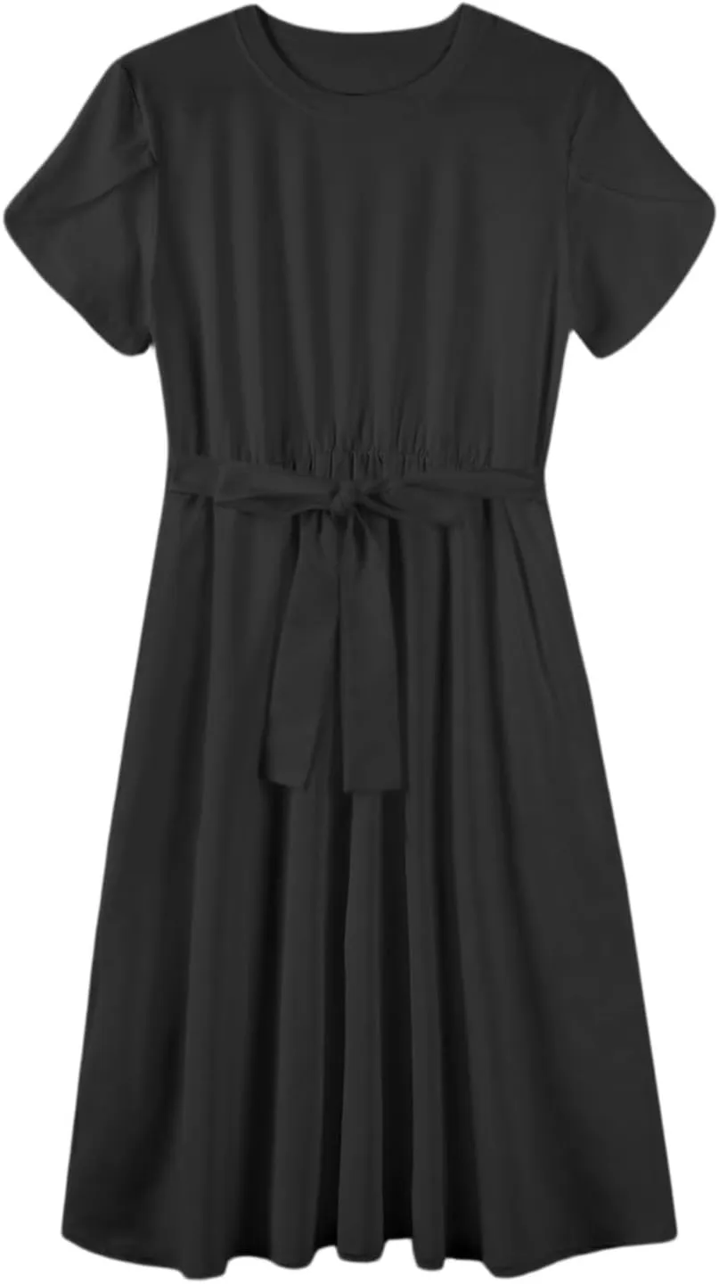 NBXNZWF Women 2025 Summer Dress Short Sleeve Crewneck Belt Midi Dress Floral Print Elegant A Line T-Shirt Dress with Pockets