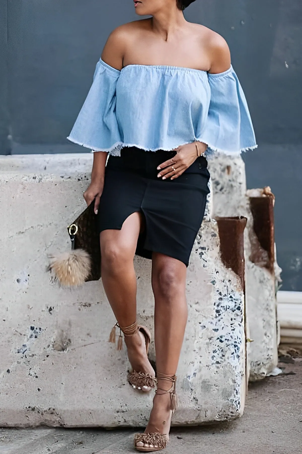 Off Shoulder Raw Trim Denim Top