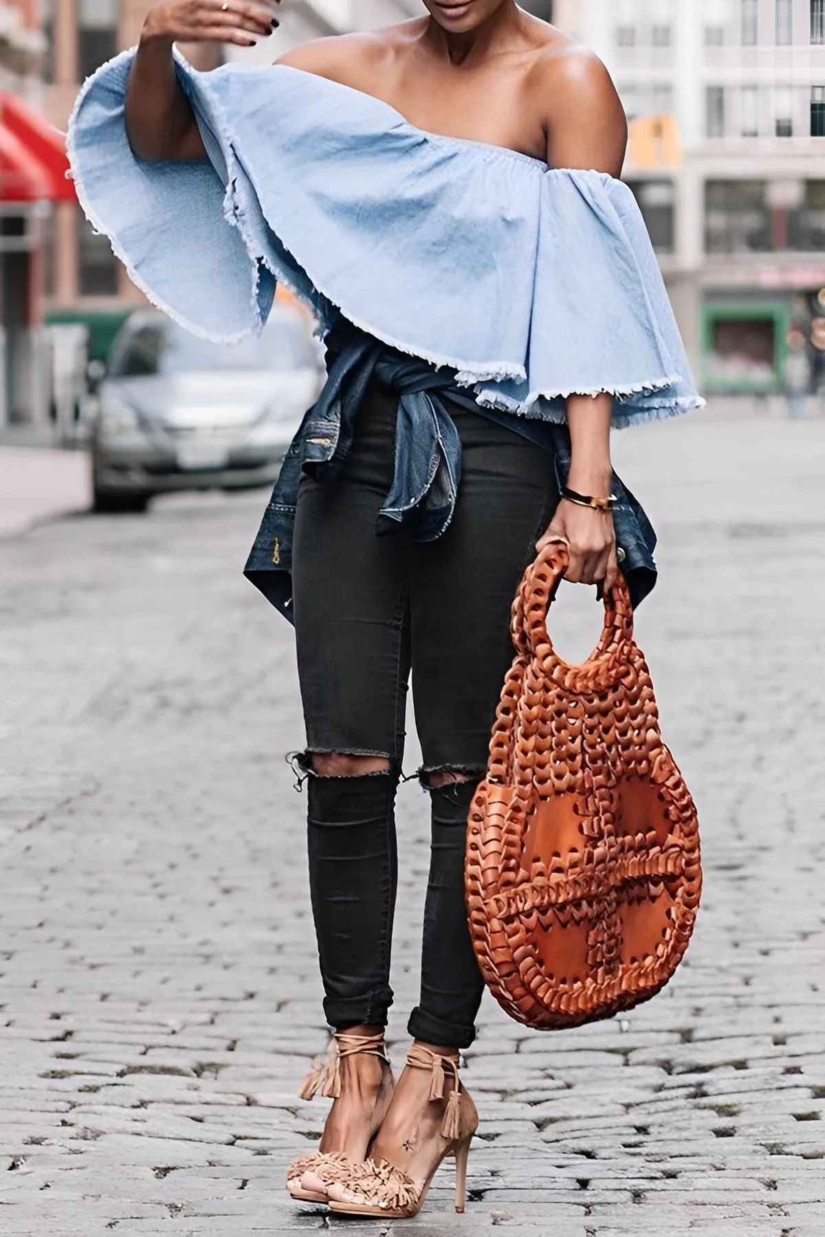 Off Shoulder Raw Trim Denim Top
