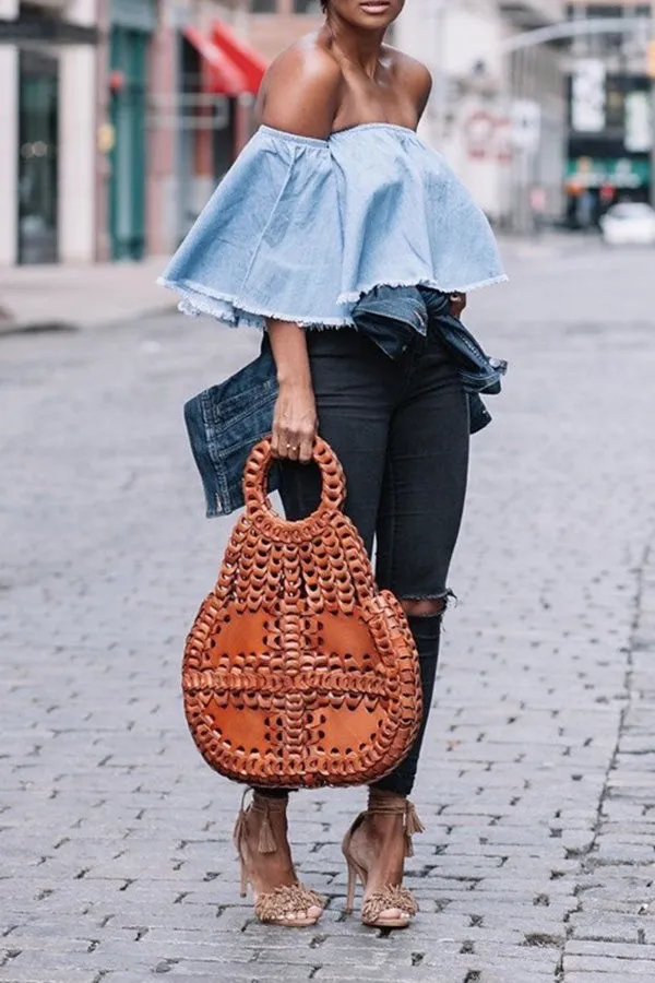Off Shoulder Raw Trim Denim Top