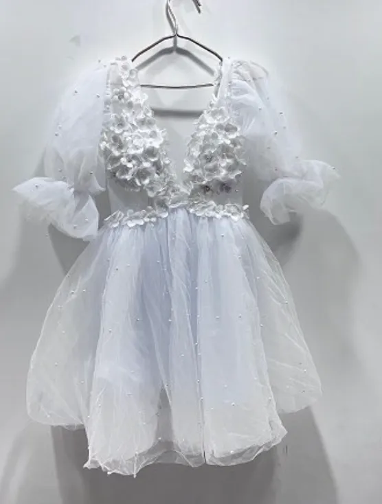 Plunging V-Neck Half Sleeves Pearls Flowers Mini Sexy Backless Bridal Dress