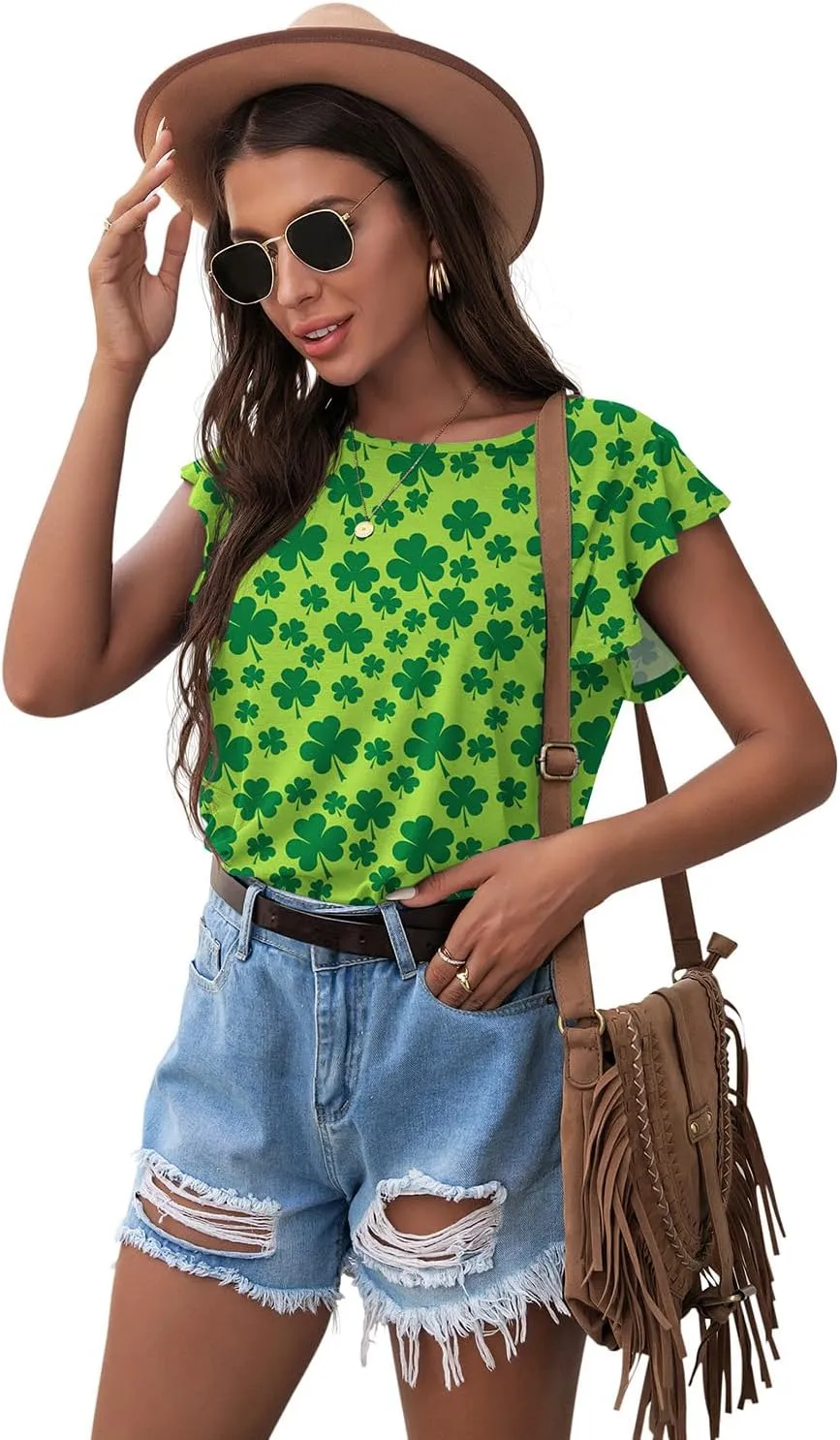 PrinStory Women's Tops Summer Casual Ruffle Short Sleeves Knit Shirts Round Neck Tunic Top For Women 2024 Fashion Trend