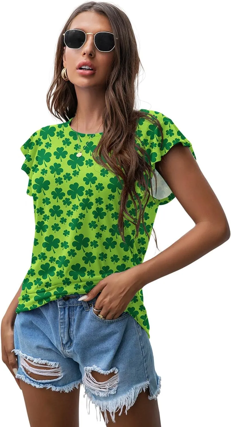 PrinStory Women's Tops Summer Casual Ruffle Short Sleeves Knit Shirts Round Neck Tunic Top For Women 2024 Fashion Trend