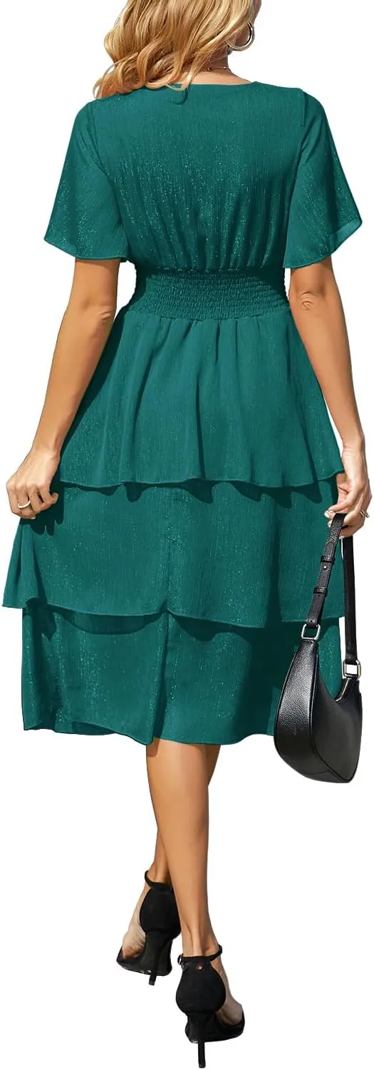Ruffle Sleeve Wrap V Neck Midi Dresses for Women Causal Summer Smocked Waist Tiered Layered Glitter Chiffon Dress