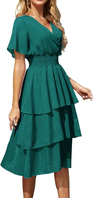 Ruffle Sleeve Wrap V Neck Midi Dresses for Women Causal Summer Smocked Waist Tiered Layered Glitter Chiffon Dress
