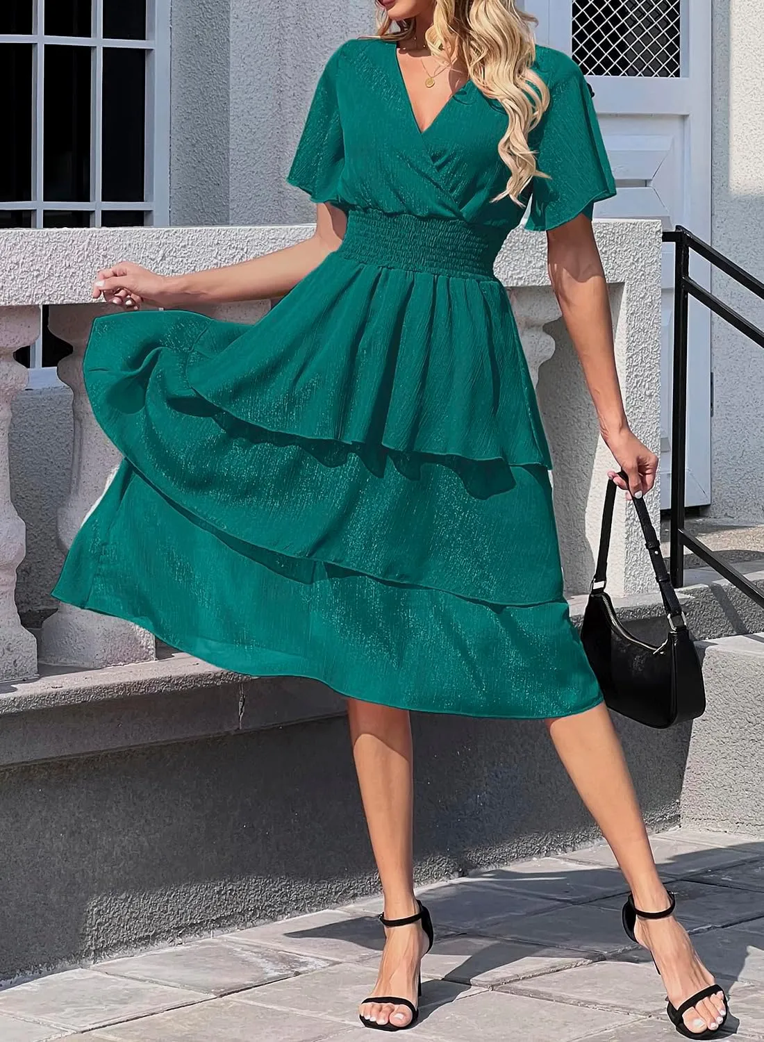 Ruffle Sleeve Wrap V Neck Midi Dresses for Women Causal Summer Smocked Waist Tiered Layered Glitter Chiffon Dress