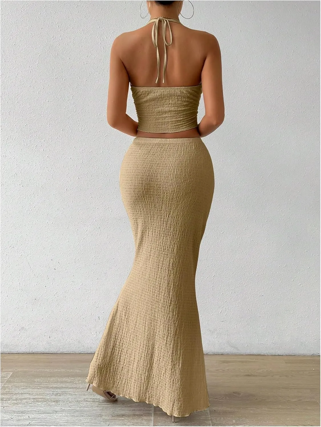 SHENHE Women's Sexy 2 Piece Outfits Twist Front Split Halter Crop Top and Bodycon Maxi Skirt Set