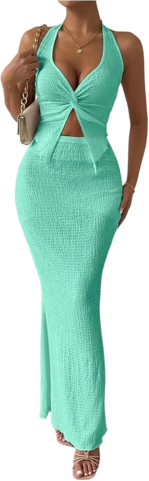 SHENHE Women's Sexy 2 Piece Outfits Twist Front Split Halter Crop Top and Bodycon Maxi Skirt Set