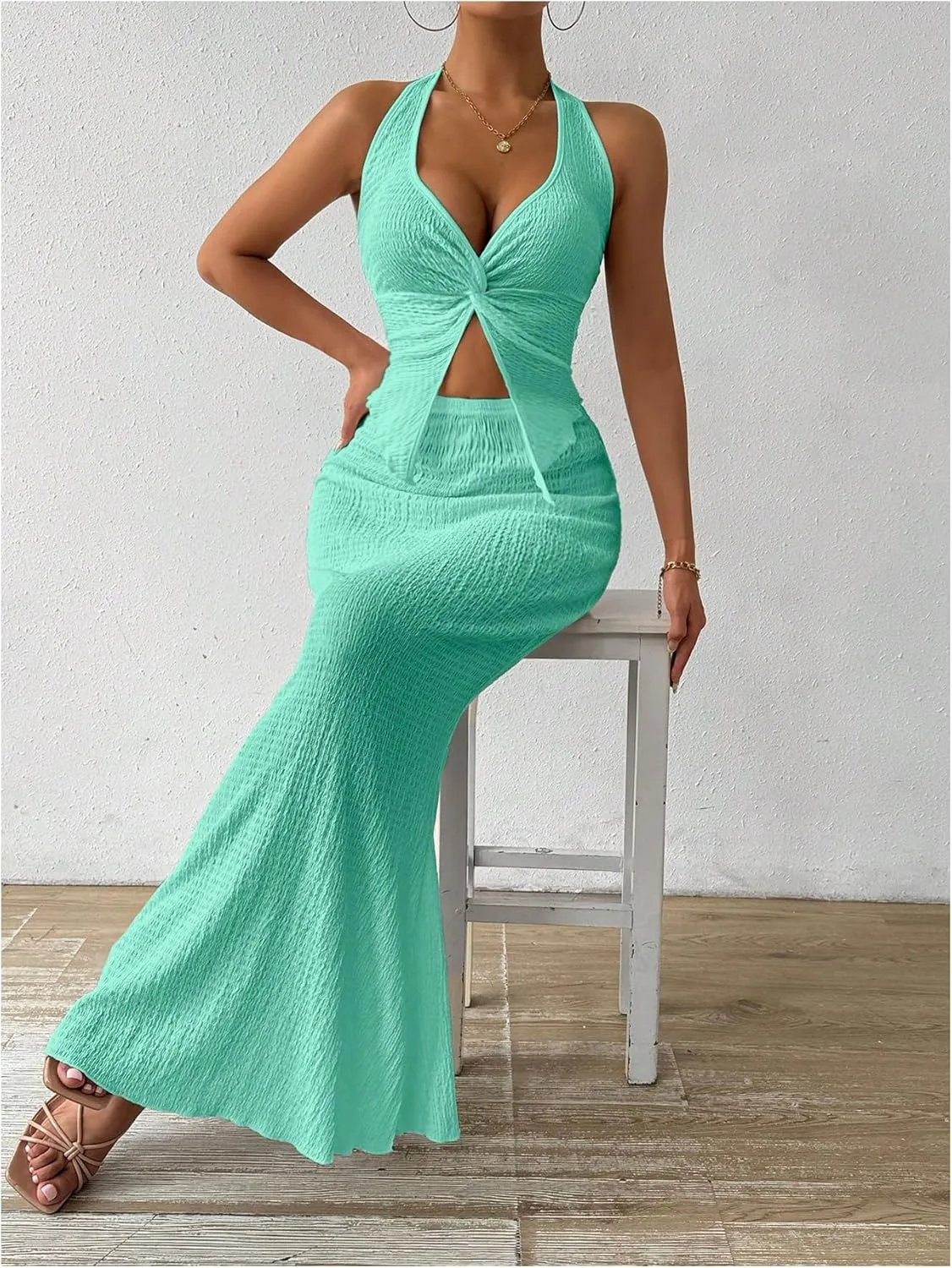 SHENHE Women's Sexy 2 Piece Outfits Twist Front Split Halter Crop Top and Bodycon Maxi Skirt Set