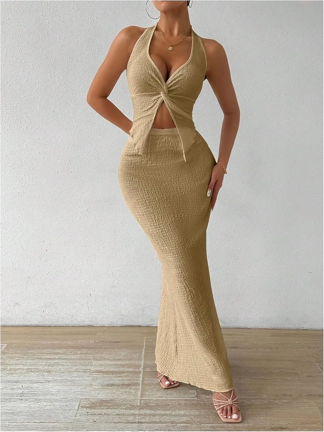 SHENHE Women's Sexy 2 Piece Outfits Twist Front Split Halter Crop Top and Bodycon Maxi Skirt Set