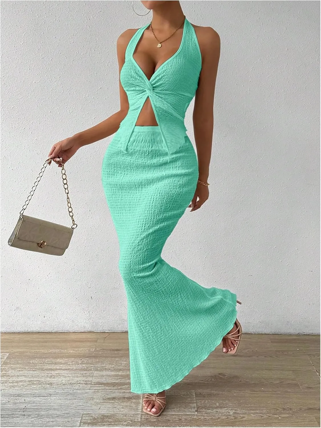 SHENHE Women's Sexy 2 Piece Outfits Twist Front Split Halter Crop Top and Bodycon Maxi Skirt Set