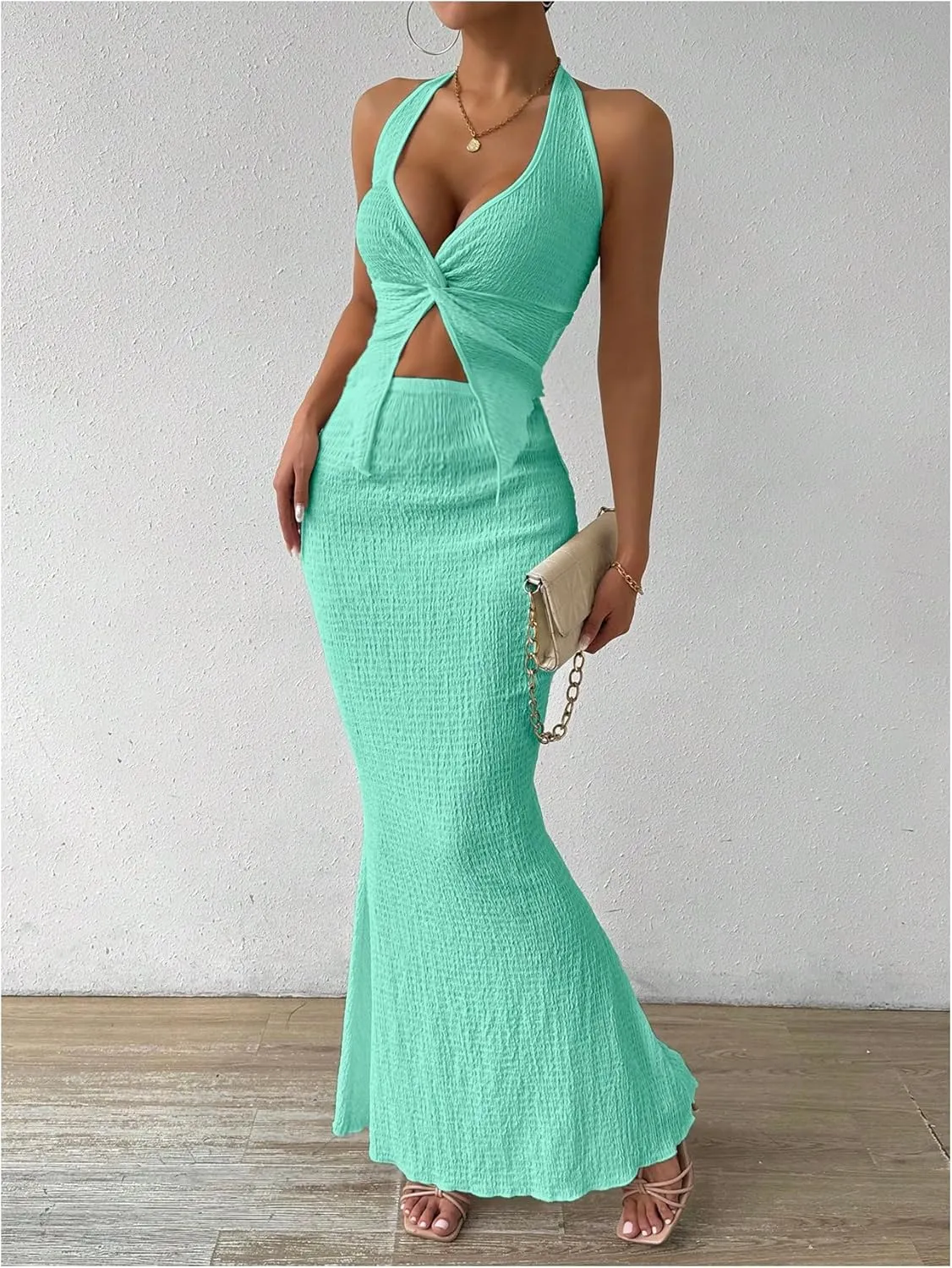 SHENHE Women's Sexy 2 Piece Outfits Twist Front Split Halter Crop Top and Bodycon Maxi Skirt Set
