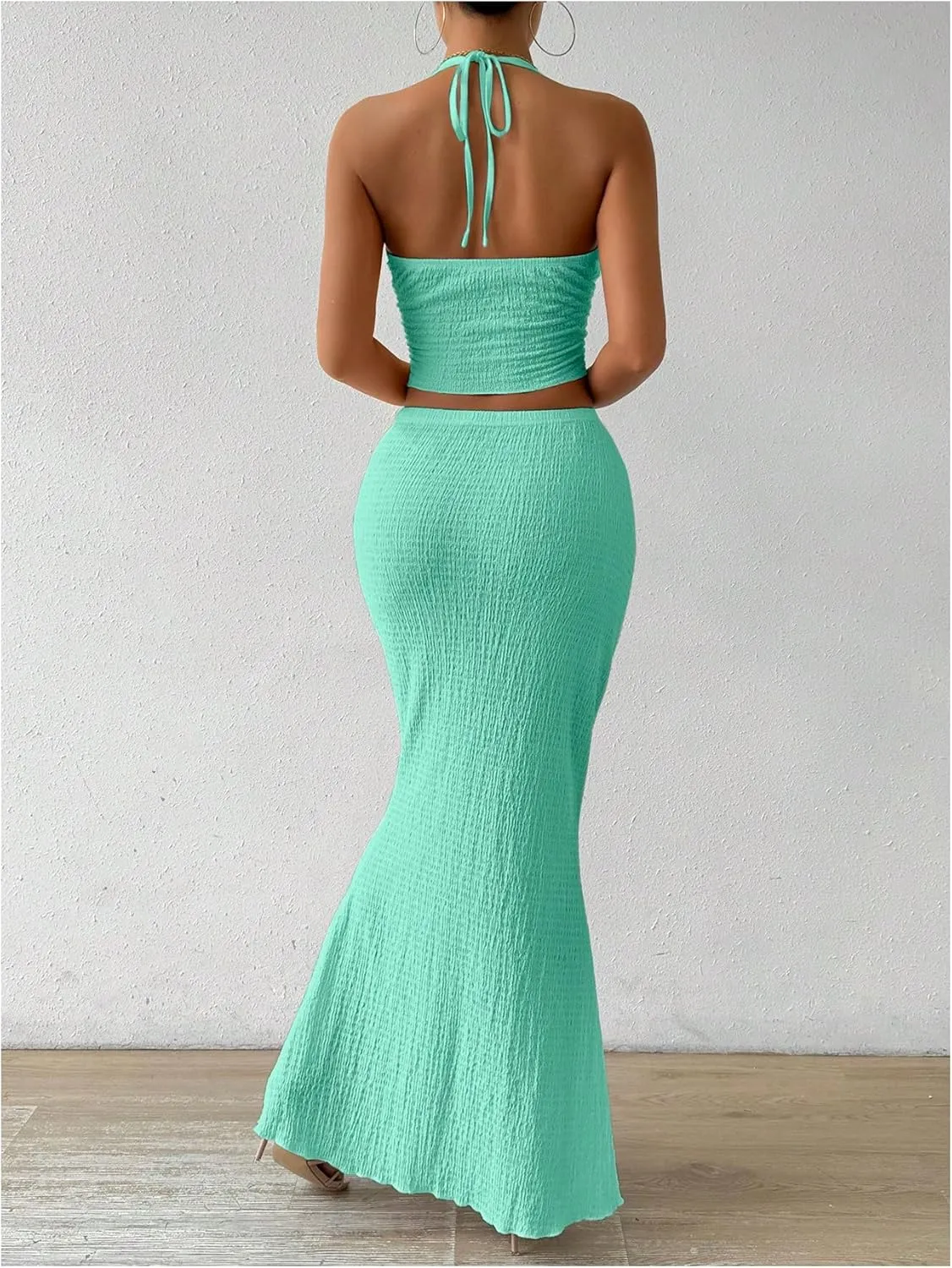 SHENHE Women's Sexy 2 Piece Outfits Twist Front Split Halter Crop Top and Bodycon Maxi Skirt Set