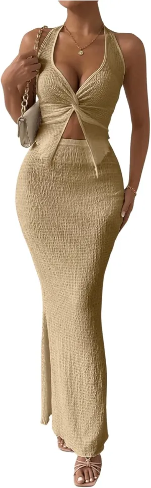 SHENHE Women's Sexy 2 Piece Outfits Twist Front Split Halter Crop Top and Bodycon Maxi Skirt Set