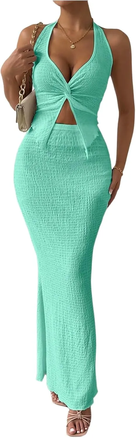 SHENHE Women's Sexy 2 Piece Outfits Twist Front Split Halter Crop Top and Bodycon Maxi Skirt Set