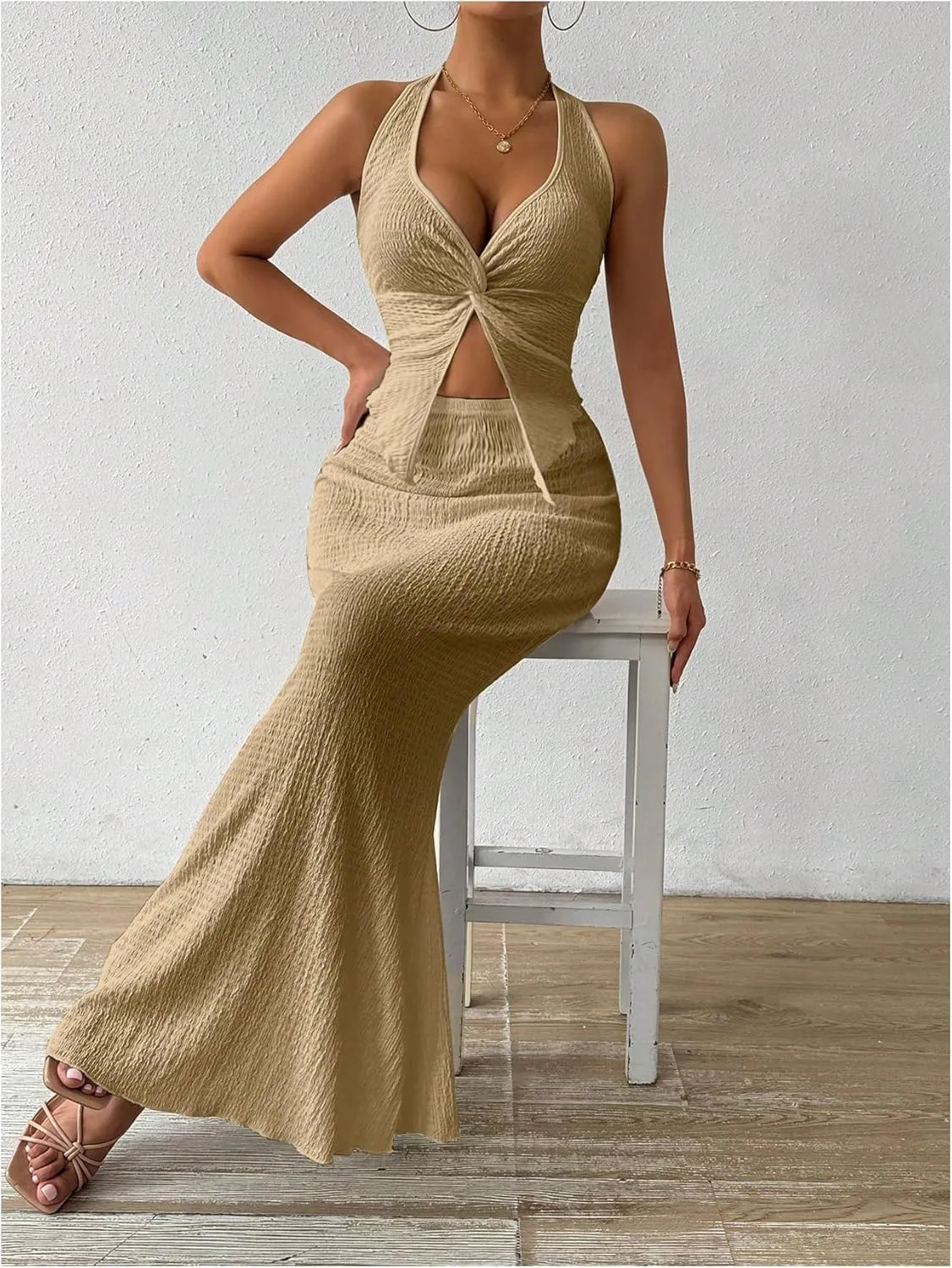 SHENHE Women's Sexy 2 Piece Outfits Twist Front Split Halter Crop Top and Bodycon Maxi Skirt Set