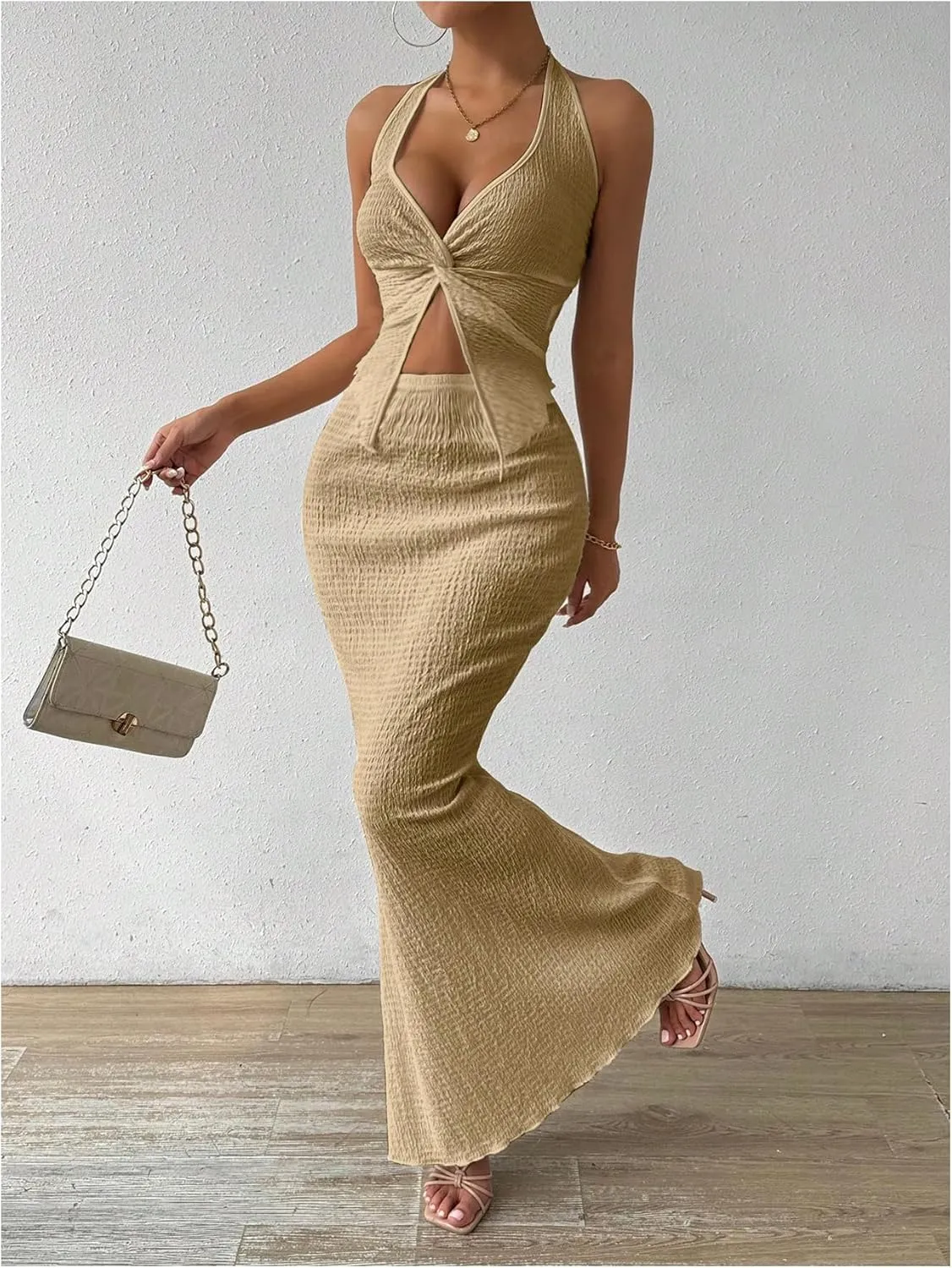 SHENHE Women's Sexy 2 Piece Outfits Twist Front Split Halter Crop Top and Bodycon Maxi Skirt Set