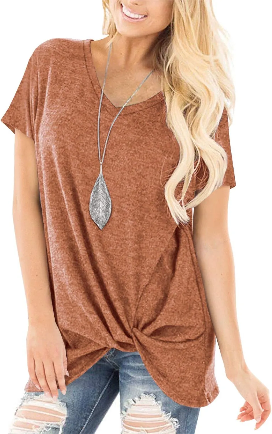 SHIBEVER Women's Tops Short Sleeve Twist Knotted T Shirts Summer Blouse Tunic Tops S-2XL
