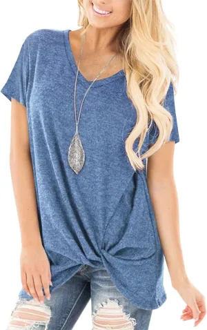 SHIBEVER Women's Tops Short Sleeve Twist Knotted T Shirts Summer Blouse Tunic Tops S-2XL