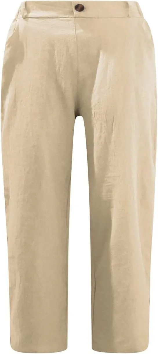 Shorts for Women Cotton Linen Shorts Folded Hem Long Shorts Below The Knee Elastic Waist Shorts Summer Dressy Casual