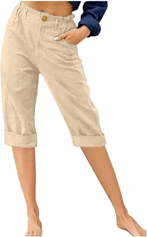 Shorts for Women Cotton Linen Shorts Folded Hem Long Shorts Below The Knee Elastic Waist Shorts Summer Dressy Casual