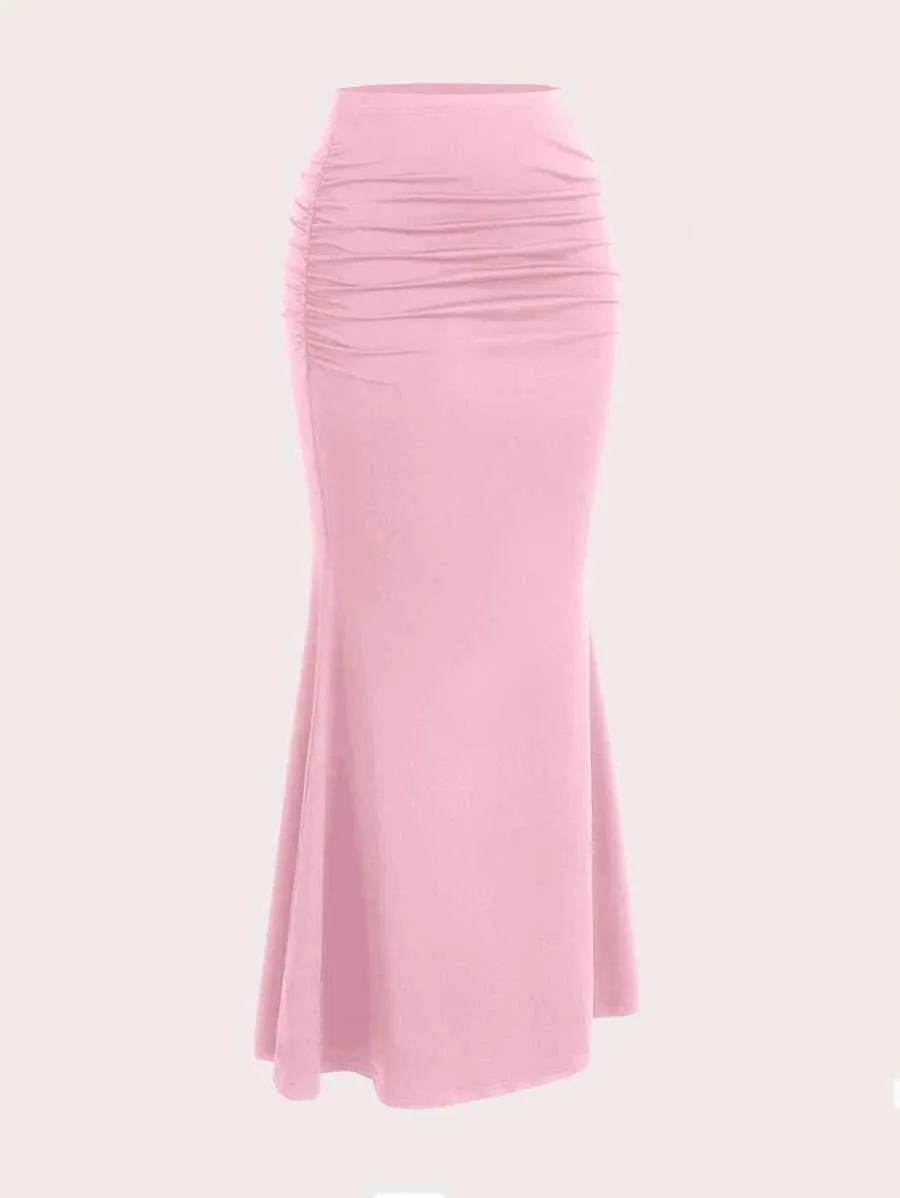 SKAYS Womens Maxi Long Pencil Skirt High Waisted Stretch Ruched Fishtail Bodycron Elastic Waistband Dressy Casual Skirts