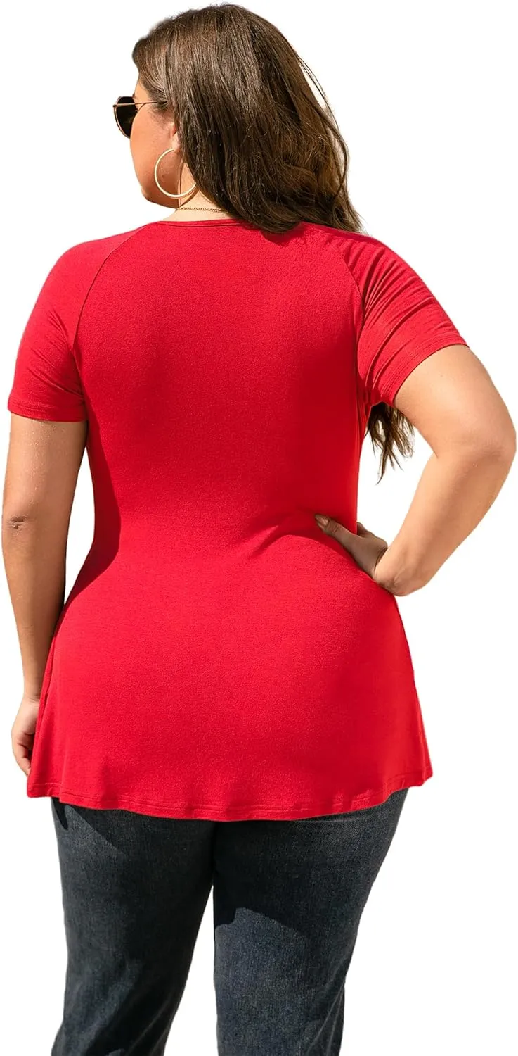TIANZHU Women's Plus Size Dressy Tops Wrap Shirt Short Sleeve Tunic Top V Neck Low Cut Cute Blouse