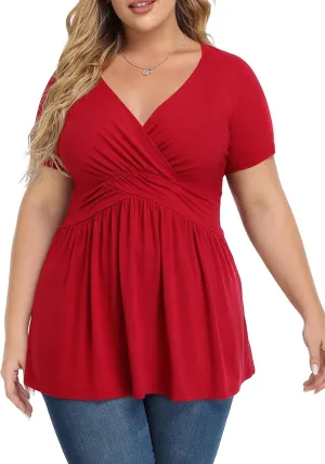 TIANZHU Women's Plus Size Dressy Tops Wrap Shirt Short Sleeve Tunic Top V Neck Low Cut Cute Blouse