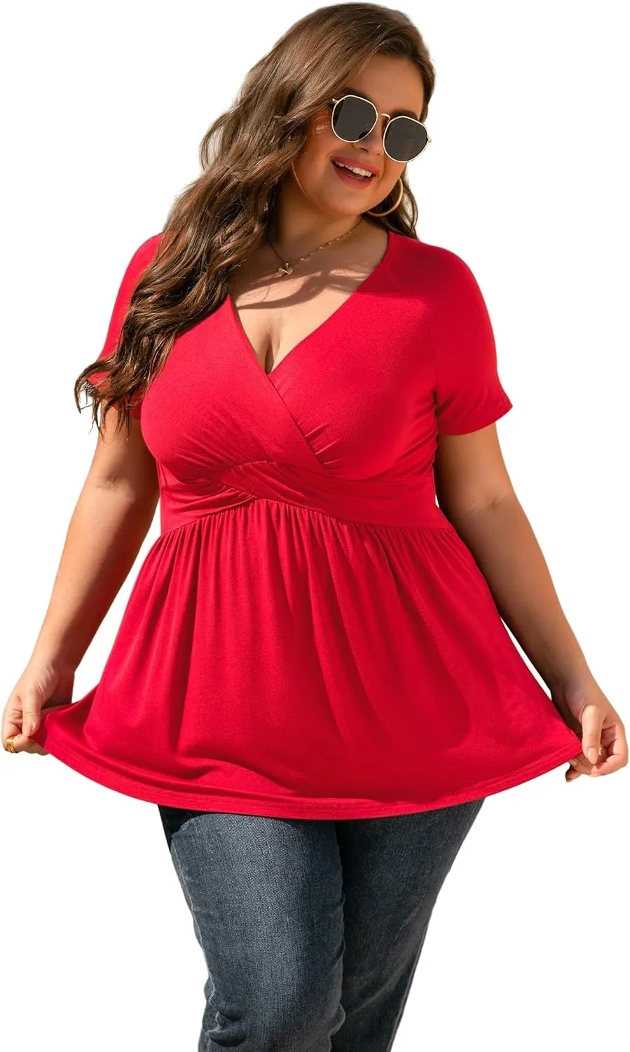 TIANZHU Women's Plus Size Dressy Tops Wrap Shirt Short Sleeve Tunic Top V Neck Low Cut Cute Blouse